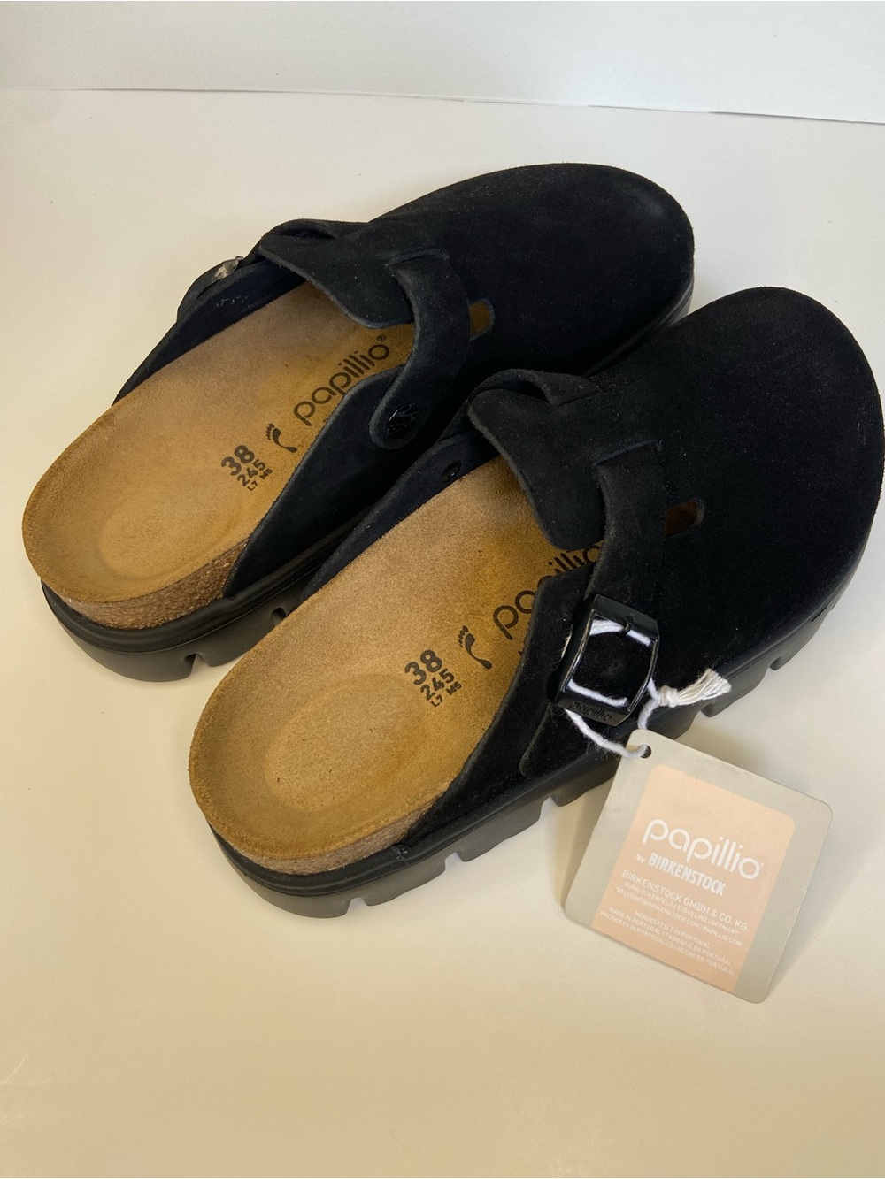 Papillio Birkenstock Black Suede Slip-On Clogs with Buckle Detail Chunky size 38
